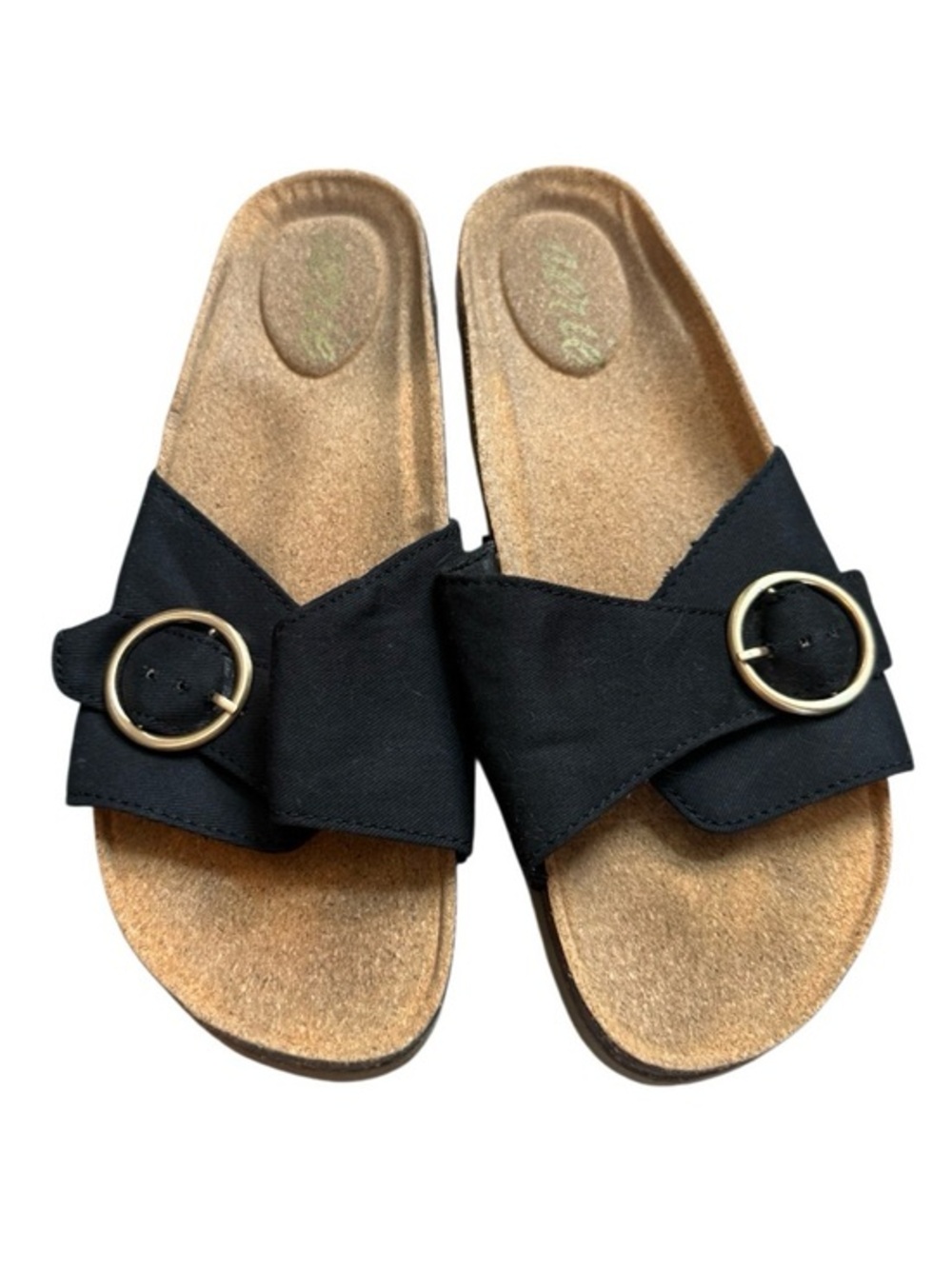 Aerie Black‎ Canvas Gold Buckle Cork Sandals Size 8 Boho Coastal Euro Summer